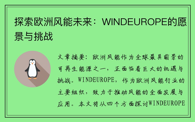 探索欧洲风能未来：WINDEUROPE的愿景与挑战