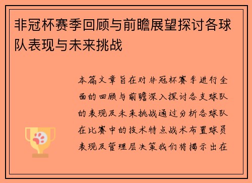 非冠杯赛季回顾与前瞻展望探讨各球队表现与未来挑战